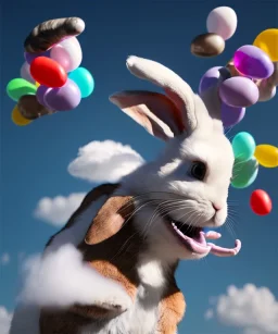 Ultra realistic speed clouds sky scene, wide angle view, child falling down with many Children background, rabbit head, inflatable monsters, circus dress style, feather color, free jumping flying, many trinkets, hair monster, many jelly beans, balls, color smoke, smile, happy, extreme, wind, clouds sea, 20,000 feet altitude, stratosphere, soft color, highly detailed, unreal engine 5, ray tracing, RTX, lumen lighting, ultra detail, volumetric lighting, 3d, finely drawn, high definition.