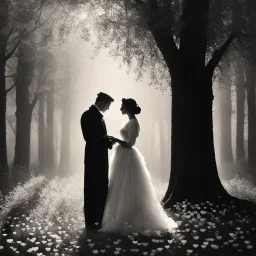 In shadows' embrace, two figures stand side by side, Vintage attire adorning them, love's secrets they confide. Eyes meet, reflecting a mix of longing and devotion, Love letters flutter, whispering tales of deep emotion. Gramophone's melodies weave a duet, hearts unified. Soft petals descend, like blessings from above, Creating an aura of romance, a testament to their love. Bittersweet reverie shared, past memories held dear, Nostalgia's tender touch, drawing them near. In this single frame, the