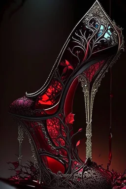 dark fantasy, intricate cover, a whimsical fairytale, shoe made of glass with blood inside