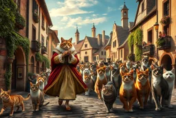 "The Cat Pied Piper of Hamelin, dressed in flowing, colorful Renaissance garments, playing a magical flute, followed by a majestic parade of cats in all sizes and colors, walking in perfect harmony along old cobblestone streets, Renaissance buildings with ivy, curious townsfolk leaning out of balconies with astonished faces, golden-hour lighting, high fantasy, highly detailed, 8K, hyper-realistic, magical realism --v 7 --ar 21:9 --style raw --q 2"