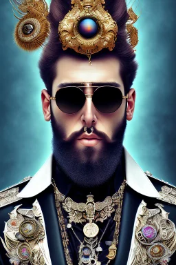 Artistic photo in the audacius style of Jill Greenberg, of man with a luxurious and striking style, abundance of jewelry, oversized sunglasses, neat black beard, feminine manirism, prints, desafiant, extravagant, barroque escene , impasto style with thick texture