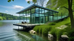 The steel and glass house on the water offers stunning views of the surrounding landscape. Its modern design seamlessly blends with nature, creating a serene and luxurious retreat. Glass walls allow natural light to flood the interiors, creating a bright and airy living space.