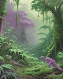 A light purple rainforest with atomic chameleons painted by Francis Danby