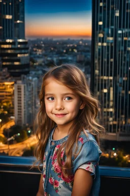 Little 6 years old beautiful girl perfect face,1girl wearing a pretty shirt and jean pant, standing pose,modern city ,night view