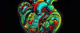 FLAT VECTOR LAYERED 2-D MULTICOLORED COMPLIMENTARY NEON MECHANICAL HUMAN HEART, METALLIC,