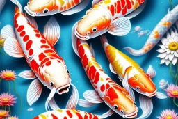 colorful koi carp collage illustration pattern, tiny, small, miniature, short, cute and adorable, digital painting, highly detailed, intricate, elegant, artstation, concept art, colorful, beautiful, studio ghibli, aoshima chiho, takashi murakami, manga, cute and adorable