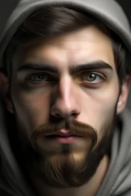 a 24 year old man with a short brown beard and hooded eyes
