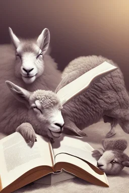 one black sheep reads a book on other site white sheep herd sleep going down