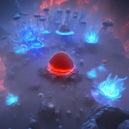 Spherical Frost metal magic armoured lightning Mycelium giant blob red MUSHROOM flower BURNING IN BLUE FLAMES hellfire abyss stars SPACE lANDSCAPE