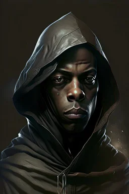 black young bald wizard man with hood on