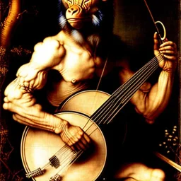 scratchart by albrecht durer of a bonobo playing a banjo, strings