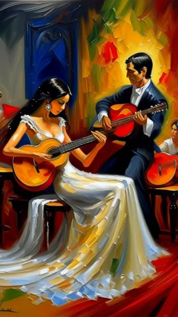 The flamenco dancer in white dress oil painting with acoustic guitar player in the back