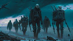 (Bio-engineered undead skeleton machine army) marching, (menacing), glowing eyes, tactical wear, gas masks, dark winter landscape, techno gothic aesthetic, epic, science fiction painting, (Denis Sarazhin, Alex Colville, Simon Stålenhag, Neil Blomkamp, Christopher Shy, Alejandro Burdisio, Tye Myartinez, ominous sky), RAW, gritty, high contrast, atmospheric horror art, vivid, neon overlay, harsh textures, dramatic, surreal horror, retro futuristic, nightmarish art, apocalyptic, atypical art