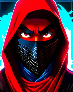 Draw an illustration with a red and black hood and a dragón mask over they eyes