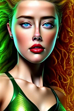 portrait head Amber Heard Aquaman curly red hairs under the green sea