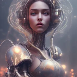 portrait,beautiful robotic sirene, post-apocalyptic in a cyberpunk city, realistic, intriacte detail, sci-fi fantasy style, volumetric lighting, particales,highly detailed, golden theme,princess look, highly detailed, disney look