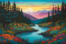 a dramatic, highly detailed painting of a lush Pacific Northwest forested river valley landscape in the pale light of dawn, in the style of Norval Morrisseau , vibrant natural colors, museum quality masterpiece