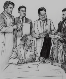 Pencil sketch of Four doctors are discussing ، on lined paper