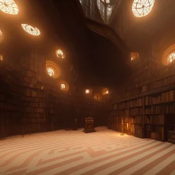 inside of a mystery dark gothic museum, dystopic, millions of books, labyrintic architecture, dark brown orange color scheme, high key lighting, volumetric light high details with white stripes and feathers unreal 5, octane render, cinema4d, dynamic lighting, dramatic lighting, 4k, redshift render, highly detailed, hyper realistic, sunset, gigantic architecture