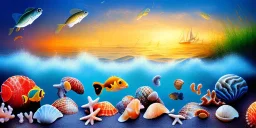 beach, water, fishes, sea shells