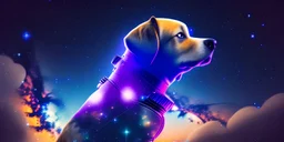 a cyborg space dog looking out at the cosmos. nebula sky. clarity. High detail. natural tones