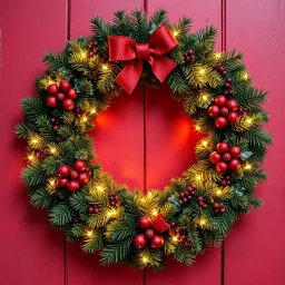 Beautiful Decorated Christmas Wreath with Fairy Lights On It With Red And Maroon Grunge Background.