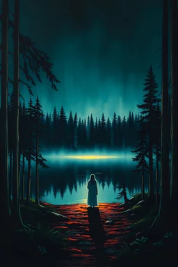 a dark forest with a lake in the middle, a glowing ghost of a woman standing by the lake. Hard shadows, comic book style, Frank Miller, acrylic on canvas, in the style of large-scale paintings, bold block prints, sublime wilderness, illustration, bold color field, realistic oil painting