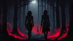 the silhouette of woman seen from behind, walking into a dark forest, with a dagger in hand, black and red image, night, realistic