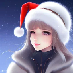 girl, Christmas hat on head, looking forward, anime art, cold weather, gray furry clothes,anime key visual of elegant young female