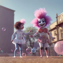 Ultra realistic circus scene. Sweet hair monster and Child’s playing, smile, happy, color bubbles, smooth color, waist up view, Wes Anderson style, dark ambient, highly detailed, concept art, unreal engine 5, god rays, ray tracing, RTX, lumen lighting, ultra detail, volumetric lighting, 3d, finely drawn, high definition, high resolution.