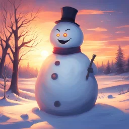 a villanous horror snowman, serene and peaceful sunset background, soft sunlight, 2d anime art,