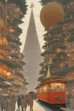 Hiroshi Yoshida, A E Marty, Olivier Ledroit, Surreal, mysterious, bizarre, fantastical, fantasy, Sci-fi, Japanese anime, Christmas tree planet, gigantic Christmas tree pierces through atmosphere, Humanity builds cities on the trunks and branches of tree, travels in small flying boats, transports them from city to city on a single-seater aerial motorcycle. beautiful girl in a miniskirt with a perfect body. Thin mechanical body suit. Short black hair. Boyish. Dynamic. Hyper Detailed masterpiece