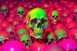a field of 1000s of psychedelic anatomically correct, skulls, vivid RANDOM BRIGHT neon colors, dark comedy, well lit, high detail, photorealistic, horrorcore, fun, scary, none featured, each a different color or hue,