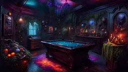 A gritty, full-body shot of an insatiably evil black opal iridescent pearlescent dark witchy game room with pool table and herbs and flowers and ivy hanging from the ceiling and walls, colorful macabre, Dariusz Zawadzki art style, liminal spaces, horror art, dark gaming background, wet, glossy, horror art, trypophobia, eerie, intricate details, HDR, beautifully shot, hyperrealistic, sharp focus, back lit, 64 megapixels, perfect composition, high contrast, cinematic