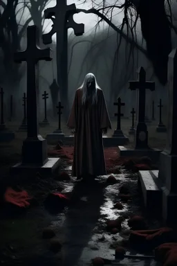 woman in a londress on the graveyard blood dripping crosses cinematic dramatic hd hig hlights detailled real wide and depth atmosphere