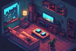 isometric, video game, cyberpunk, living room, computer, comic book art style, night time,