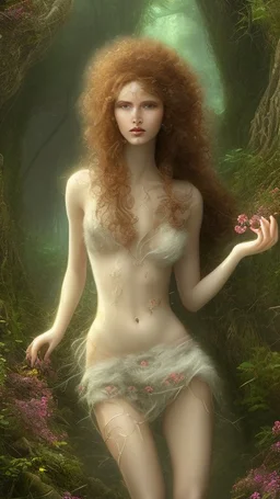 a very beautiful lady curly hair, walks in the forest with a narrow river with clean water and nice rocks on floor. The trees and wild flowers .