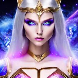 cosmic mage, elf, female, battle mage, epic, cosmic magic, long ears, white hair, face details, pale skin, jewellery, broad shoulders, glowing eyes, sharp ears, cosmic clothes, bright eyes, cosmic eyes, ears shown, light out of eyes