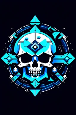 An 8-bit style symmetrical logo featuring a pirate skull and compass with a blue glow.
