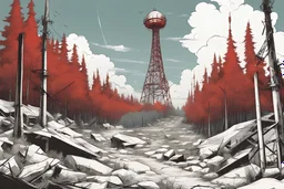 day, white and red radio tower, background, comic book, forest, post-apocalypse