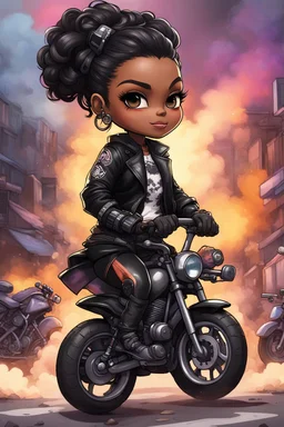 Create a urban art illustration of a chibi cartoon full figure black female riding a sports motorcycle. She is wearing tie dye and black tights with biker boots. Prominent make up with log lashes and hazel eyes. Extremely highly detailed black shiny wavy hair up in a messy bun. Background of smoke surrounding her and the bike and she's at a bike show.