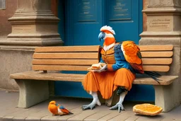 Half parrot half human in a 1700s Orange Dutch uniform siting on a bench in a Dutch city eating a loaf of bread