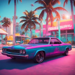 a low rider car with synthwave colors in Miami beach, sunshine, blue sky, biquini girls, art inspired in GTA VI game, cinematic light, intricate details, unreal engine 5