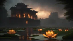 Realistic & Cinematic far away Shot of an Image of a glowing lotus with petals made up of soft saffron colour feathers on a clean very slightly rippling water with water shining , thunderstorm like weather lots of cloud in slight dark , water in a beautiful pond covered with grass from sides , ancient design indian castle in background giving slight bokeh effect to castle , cinematic studio lights ,Unreal Engine , 4K , UHD , White Balance Should be - 6