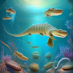 beautiful, stunning paleoart of serpentine eel with alligator head swimming underwater, coral reefs, plants, in the style of eleanor kish, davide bonadonna, julius csotony, fabio pastor, wide field of view, Masosaurus, photorealistic, illustrative, digital art, 8k resolution, detailed matte, painting, artwork, deviantart