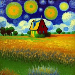 Dibujo al oleo de una pradera con una casa con muchas nubes de colores estilo Vincent van Gogh