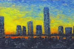 Sunset, futuristic buildings near trees, highway, people, sci-fi, tendency to impressionism, realistic painting