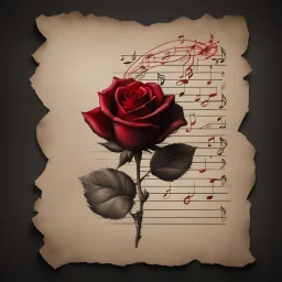 Hyper realistic sketch of a small red rose & musical notes on a vintage paper on side with dark background