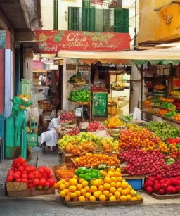 a greengrocer in colorful palma de mallorca street, salvador dali ,