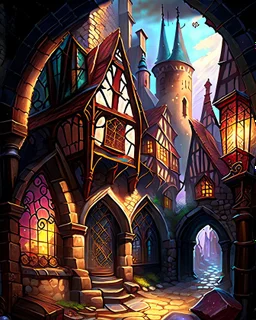 medieval fantasy cobblestone town with stained glass window buildings fairytale rpg art